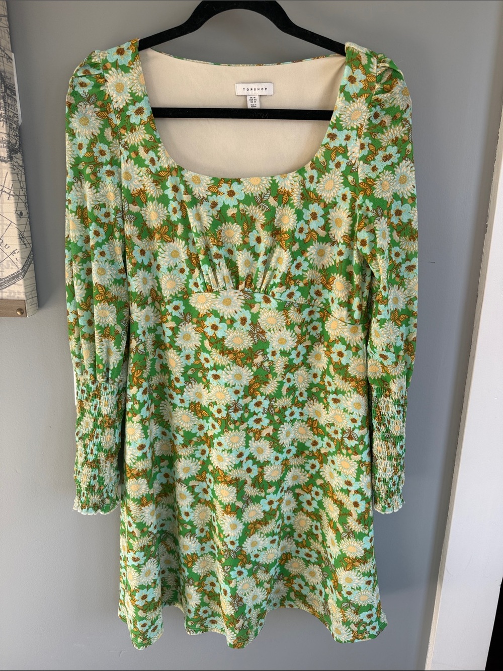 Topshop Green Floral Square-Neck Mini Dress